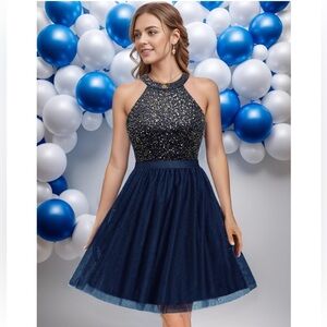 NWT Dressystar Navy Blue Short Halter Cocktail Party Lace Tulle Prom Gown Dress